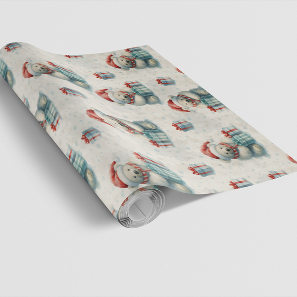 Santa Hat Bear Gift Wrap Roll, Polar Bear Christmas Wrapping Paper, Winter Holiday Wrapping Paper, Adorable Festive Animal Gi