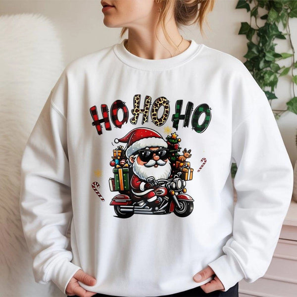 Humorous Biker Christmas Graphic Crewneck, Cool Santa Motorcycle Sweatshirt, Retro Biker Santa Sweater, Holiday Biker Pullove