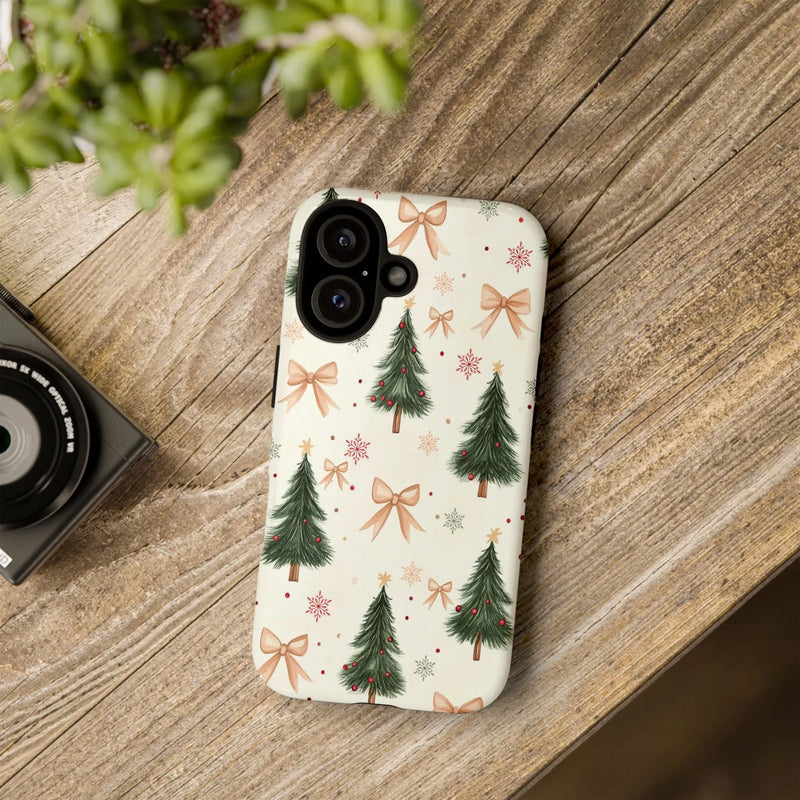 Festive Pine Trees Bows Snowflakes Cover, Christmas Tree iPhone Case, Holiday Winter Season Phone Case, Adorable Xmas Present for Women