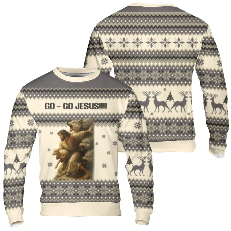 Humorous Christian Ugly Holiday Sweater, Jesus Protecting Lamb Christmas Sweatshirt, Religious Faith Christmas Pullover, Jesus Xmas Crewneck