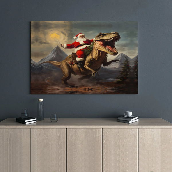 Humorous Dinosaur Christmas Wall Art, Santa Riding T-Rex Canvas Print, Humorous Santa TRex Canvas Decor, Unique Holiday Dino 