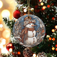 Winter Floral Bird Snowman Ornament, Folk Art Snowman Christmas Ornament, Comfy Ceramic Tree Ornament, Holiday Keepsake Present for Friends