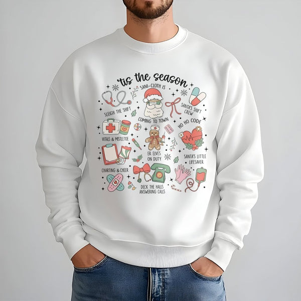 Humorous Medical Holiday Icons Crewneck, Nurse Christmas Sweatshirt, RN Hospital Staff Xmas Sweater, Healthcare Worker Holida