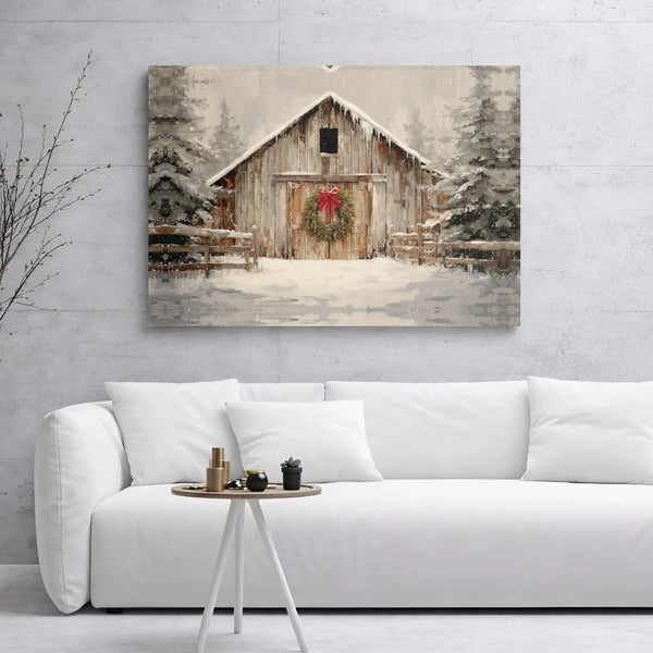 Christmas Wreath Winter Landscape Wall Art, Rustic Snowy Barn Canvas Print, Farmhouse Holiday Decor, Comfy Christmas Scene Ca