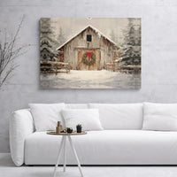 Christmas Wreath Winter Landscape Wall Art, Rustic Snowy Barn Canvas Print, Farmhouse Holiday Decor, Comfy Christmas Scene Canvas