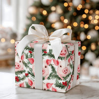 Adorable Holiday Animal Gift Wrap, Watercolor Christmas Pig Wrapping Paper, Holly Pine Wreath Wrapping Paper Roll, Festive Farm Pig Gift Wrap