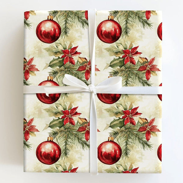 Vintage Christmas Gift Wrap, Watercolor Poinsettia Wrapping Paper, Botanical Holiday Wrapping Paper, Red Ornament Festive Gif
