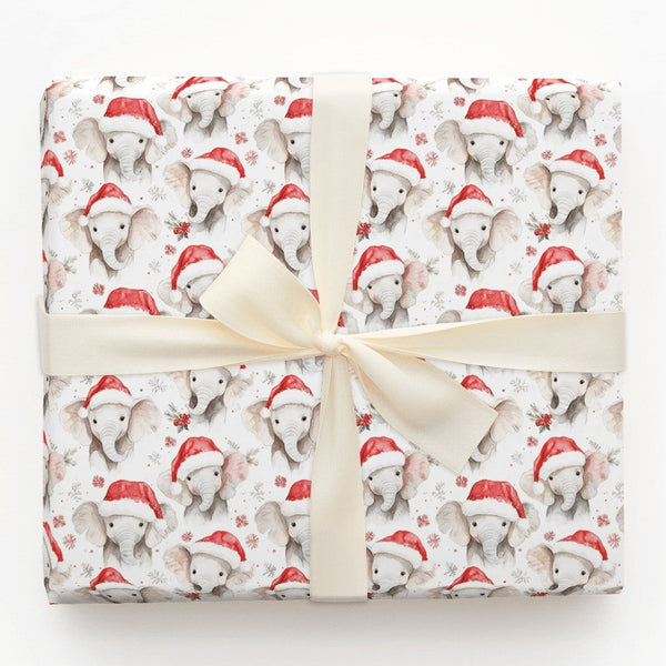 Watercolor Santa Hat Elephant Gift Wrap, Adorable Baby Elephant Wrapping Paper, Christmas Elephant Wrapping Paper, Holiday An