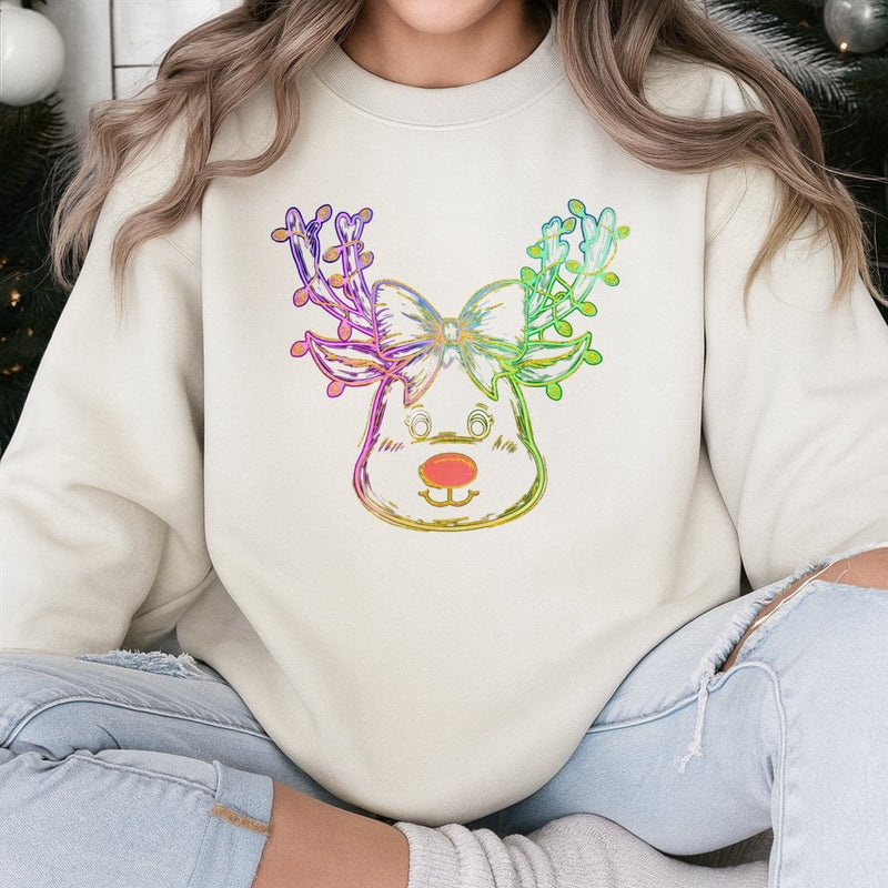 Coquette Bow Holiday Crewneck, Neon Reindeer Christmas Sweatshirt, Adorable Winter Reindeer Sweater, Retro Preppy Christmas Aesthetic Pullover