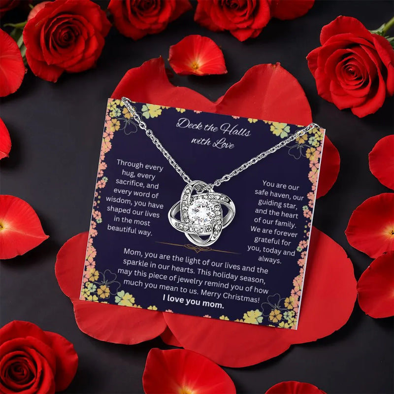 Holiday Mother Knot Necklace with Message Card, Christmas Love Knot Necklace for Mom, White Gold Finish Love Knot Jewelry, Xmas Present