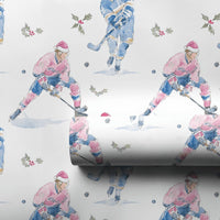Watercolor Sports Christmas Gift Wrap, Hockey Player Santa Hat Wrapping Paper, Ice Hockey Wrapping Paper Roll, Festive Sports Present Wrap