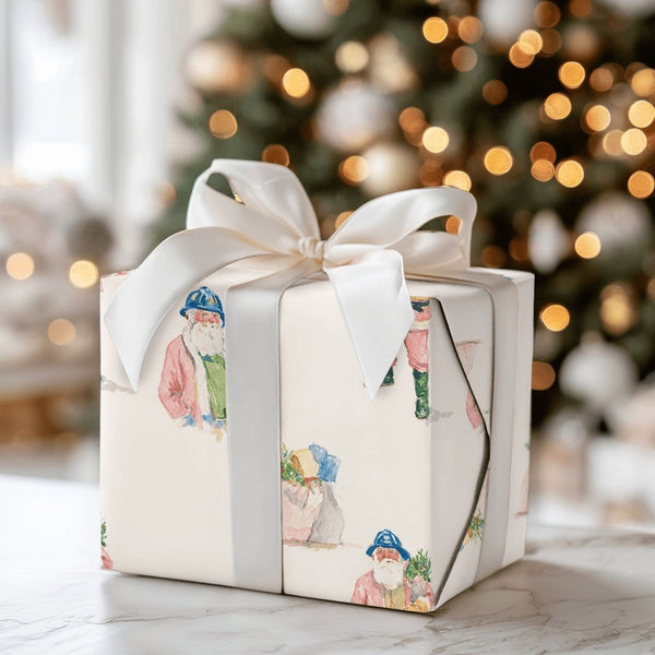 Blue Helmet Santa Gift Wrap, Watercolor Santa Claus Wrapping Paper, Whimsical Christmas Wrapping Paper, Fun Holiday Present W