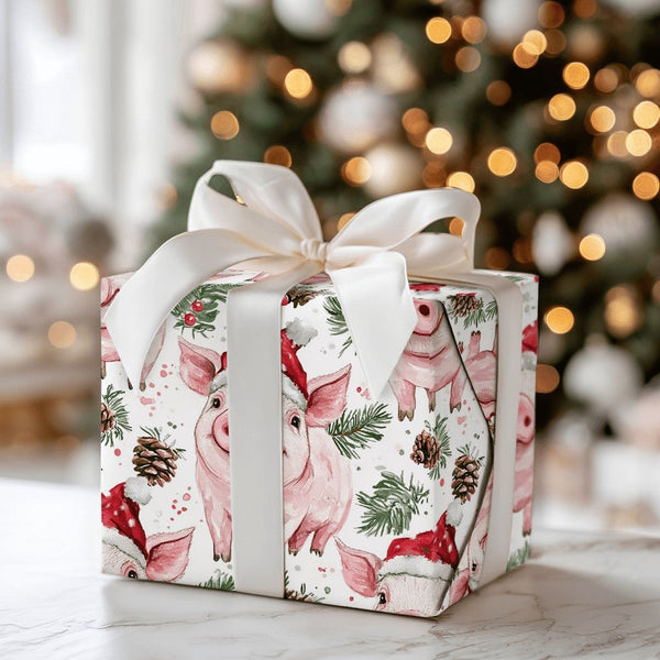 Adorable Watercolor Piglet Gift Wrap, Santa Hat Pig Wrapping Paper, Festive Animal Christmas Wrapping Paper, Whimsical Holida