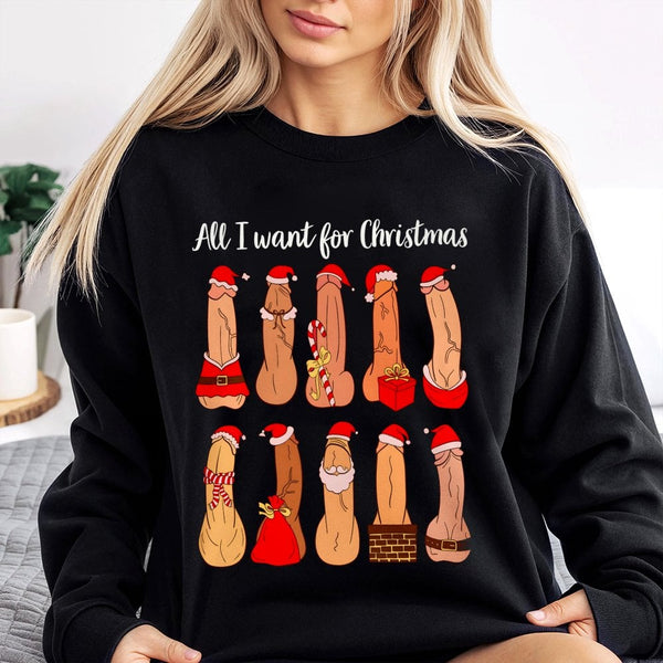 Naughty Sarcastic Holiday Crewneck, All I Want for Christmas Humorous Adult Sweatshirt, Dirty Humor Xmas Pullover
