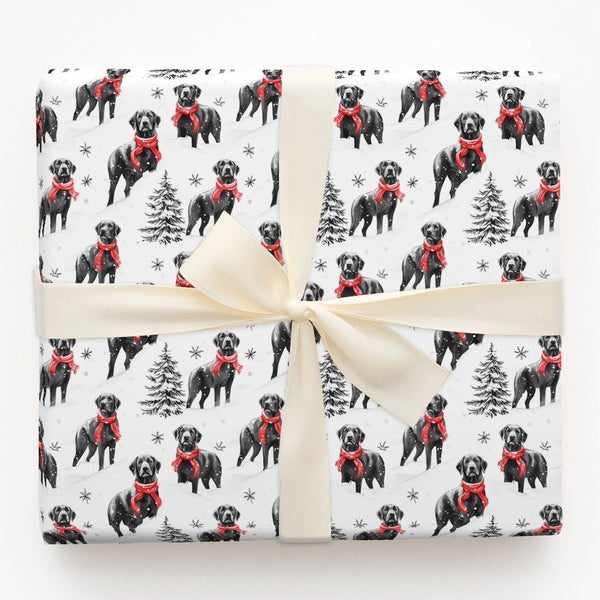 Winter Dog in Red Scarf Gift Wrap, Black Lab Wrapping Paper, Snowy Labrador Christmas Wrapping Paper, Holiday Dog Lover Wrapp