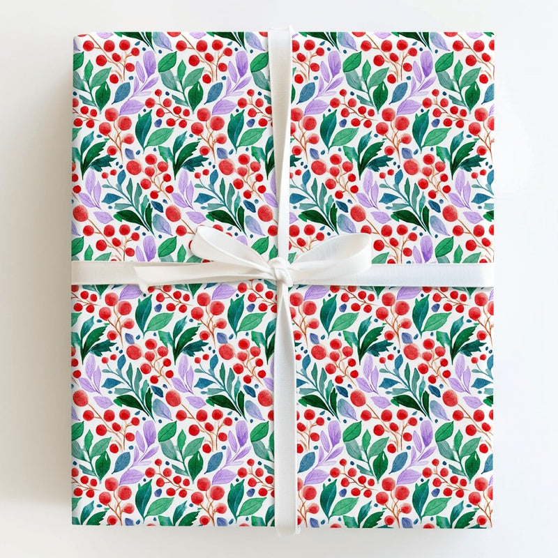 Red Berries Green Leaves Gift Wrap, Watercolor Botanical Wrapping Paper, Elegant Christmas Floral Wrapping Paper
