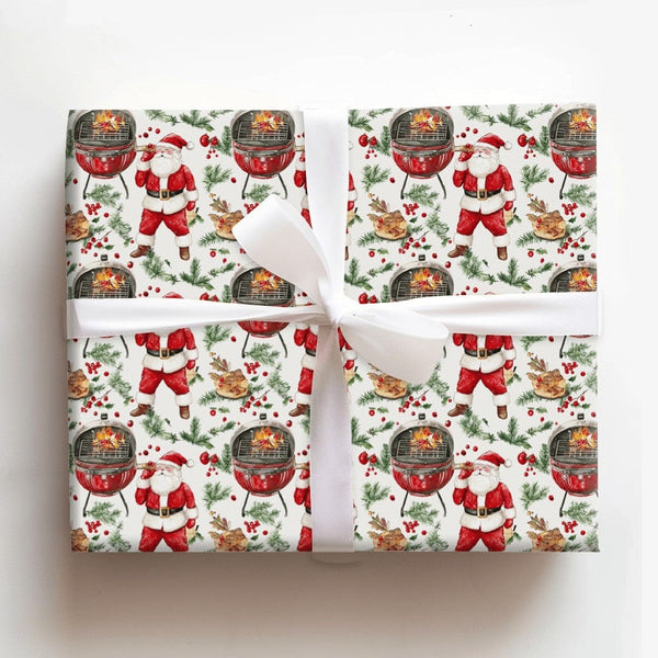 Christmas BBQ Cookout Gift Wrap, Grilling Santa Wrapping Paper, Roasted Turkey Holiday Wrapping Paper, Humorous Red Grill Gif