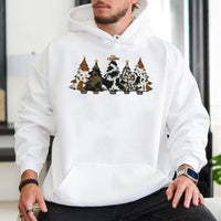 Cowhide Print Trees Cowboy Hat Hooded Sweatshirt, Western Christmas Hoodie, Southern Country Holiday Pullover, Rodeo Xmas Graphic Sweater
