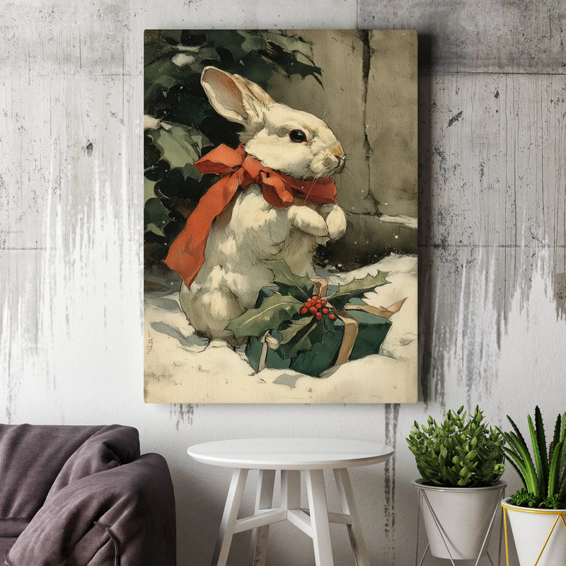 Vintage White Rabbit Holiday Wall Art, Christmas Bunny Canvas, Red Bow Holly Bunny Print, Winter Bunny Canvas Art, Rabbit Lover Present