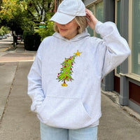 Humorous Whimsical Holiday Hoodie, Crooked Christmas Tree Hoodie, Adorable Xmas Tree Graphic Pullover, Winter Holiday Hoodie, Festive Party Present
