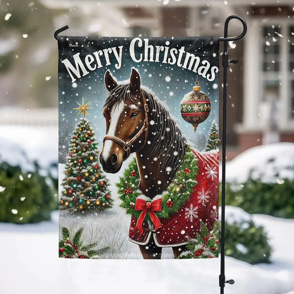 Merry Christmas Winter Scene Flag, Horse Christmas Garden Flag, Equestrian Holiday Yard Flag