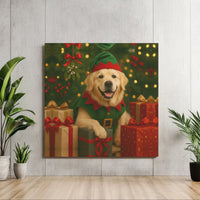 Adorable Dog Elf Costume Canvas Wall Art, Golden Retriever Christmas Canvas Print, Holiday Dog Lover Canvas Art, Winter Pet Decor Present