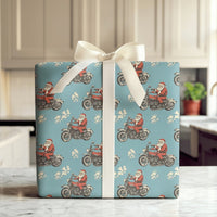 Vintage Motorcycle Gift Wrap, Light Blue Biker Santa Wrapping Paper, Blue Motorcycle Christmas Wrapping Paper, Biker Holiday Gift Wrap