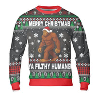 Bigfoot Ugly Christmas Sweater, Merry Christmas Ya Filthy Humans Sweatshirt, Humorous Sasquatch Holiday Crewneck, Retro Winter Graphic Pullover