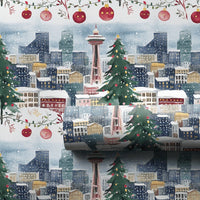 Winter City Skyline Gift Wrap, Seattle Space Needle Wrapping Paper, Washington Christmas Wrapping Paper, Festive Holiday Wrapping Paper