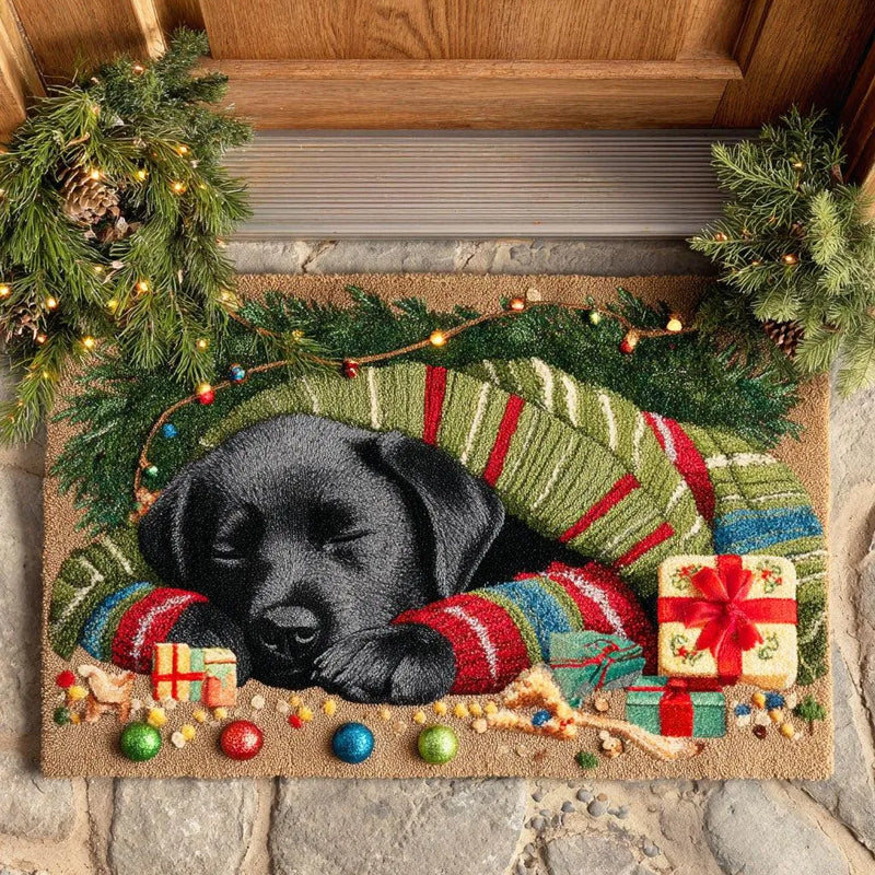 Comfy Holiday Dog Door Mat, Sleeping Labrador Puppy Christmas Doormat, Festive Winter Welcome Mat, Front Porch Rug Dog Lover Present