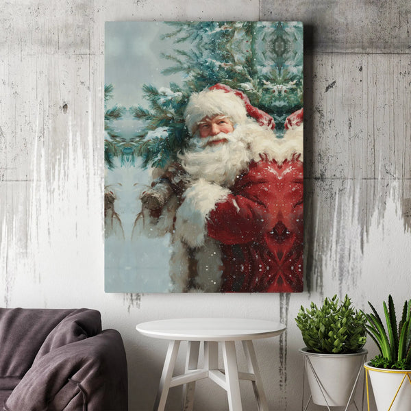 Snowy Christmas Tree Canvas Print, Vintage Santa Claus Canvas Wall Art, Retro Santa Wall Decor, Holiday Canvas, Christmas Pre