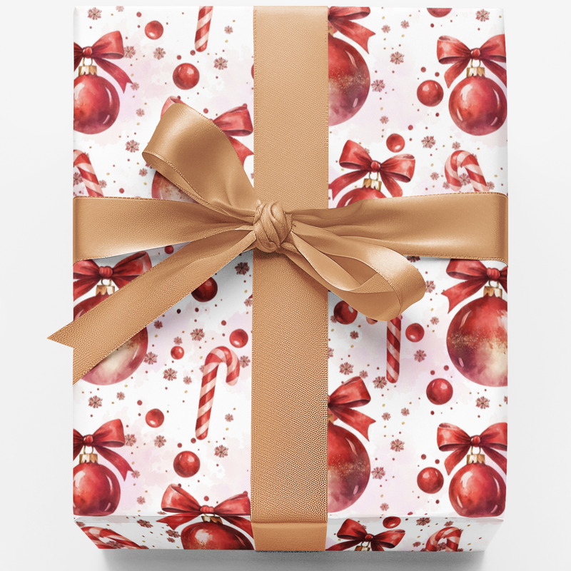 Red and Gold Candy Gift Wrap, Merry Confection Christmas Wrapping Paper, Holiday Sweets Ornament Present Wrap, Festive Gift Wrapping Paper