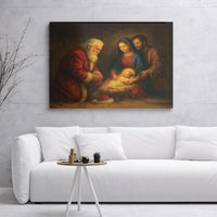 Religious Nativity Scene Canvas Wall Art, Santa Kneeling at Manger Canvas Print, Christian Santa Christmas Canvas Decor, Holy Family Present