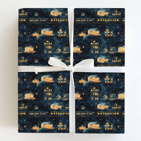 Magical Winter Train Gift Wrap, Snowy Village Christmas Wrapping Paper, Comfy Night Village Wrapping Paper, Holiday Season Gi