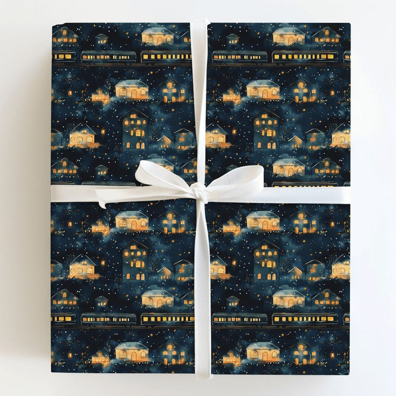 Magical Winter Train Gift Wrap, Snowy Village Christmas Wrapping Paper, Comfy Night Village Wrapping Paper, Holiday Season Gift Wrap