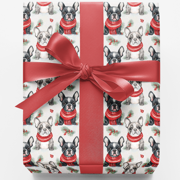 Watercolor Holiday Puppy Wrapping Paper, French Bulldog Christmas Gift Wrap, Festive Dog Lover Gift Wrap, Holiday Present Rol