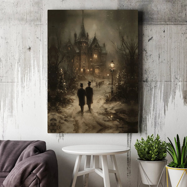 Snowy Christmas Night Canvas Art, Gothic Victorian Mansion Canvas Print, Dark Aesthetic Holiday Canvas Decor, Winter Landscap