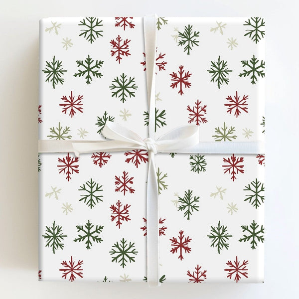 Christmas Holiday Gift Wrap, Rustic Red and Green Snowflake Wrapping Paper, Comfy Winter Wrapping Paper, Hand Drawn Xmas Gift