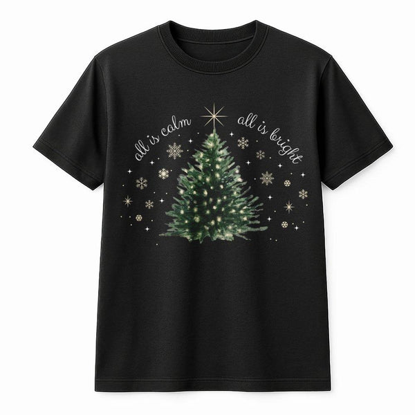 Watercolor Christmas Tree Shirt, All Is Calm All Is Bright Shirt, Christian Holiday Pine Graphic Shirt, Winter Scripture Tee,