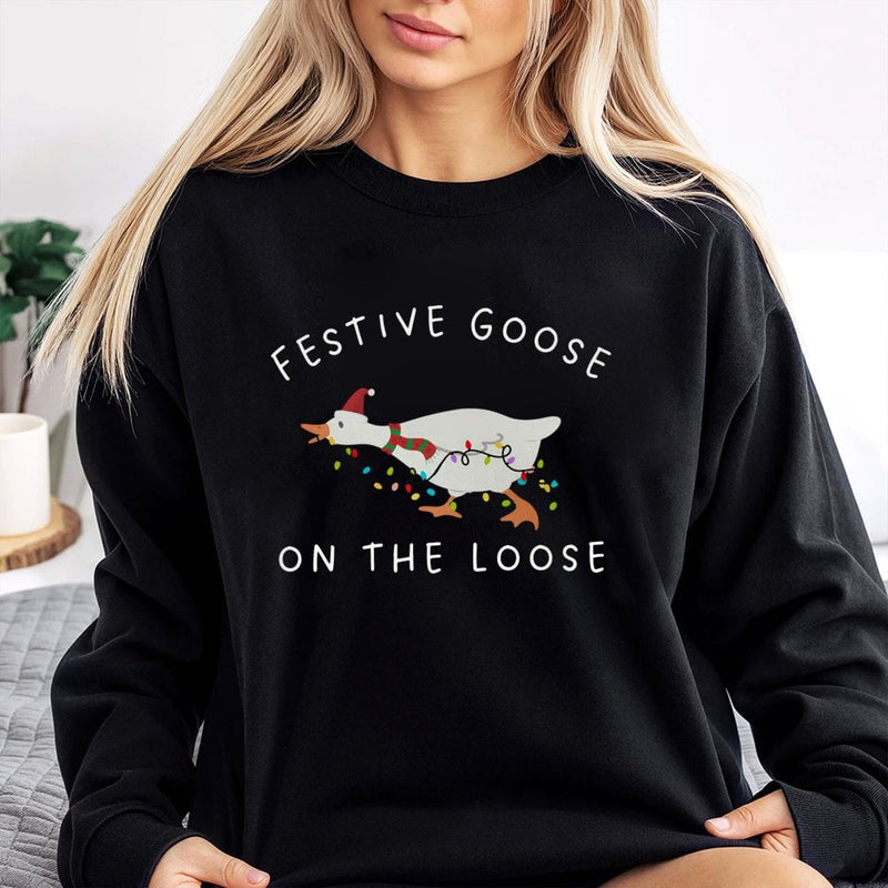 Humorous Festive Holiday Crewneck, Goose on the Loose Christmas Sweatshirt, Retro Xmas Graphic Sweater, Ugly Christmas Sweatshirt Present