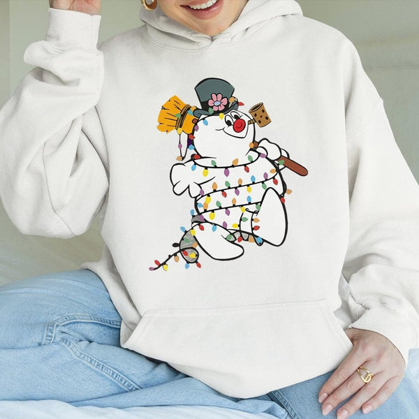Festive Holiday Sweatshirt, Snowman Christmas Lights Hoodie, Adorable Winter Snowman Hooded Pullover, Xmas Graphic Sweater, C