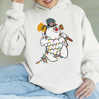Festive Holiday Sweatshirt, Snowman Christmas Lights Hoodie, Adorable Winter Snowman Hooded Pullover, Xmas Graphic Sweater, Comfy Winter Present