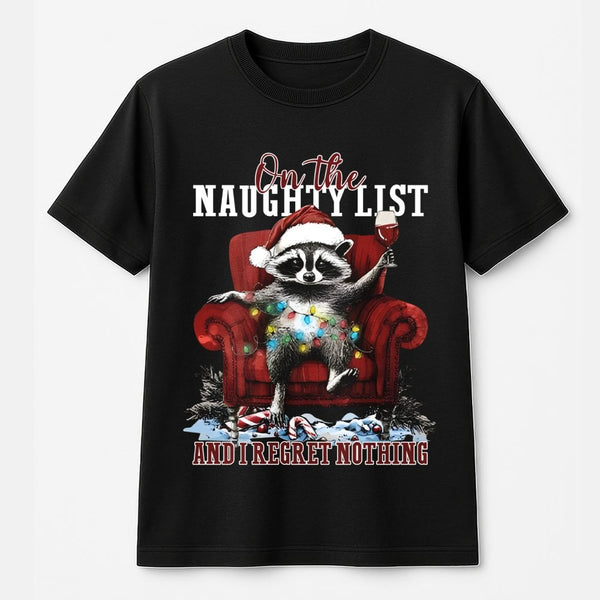 On the Naughty List and I Regret Nothing Shirt, Humorous Raccoon Christmas Shirt, Retro Holiday Animal Tee, Adorable Christma