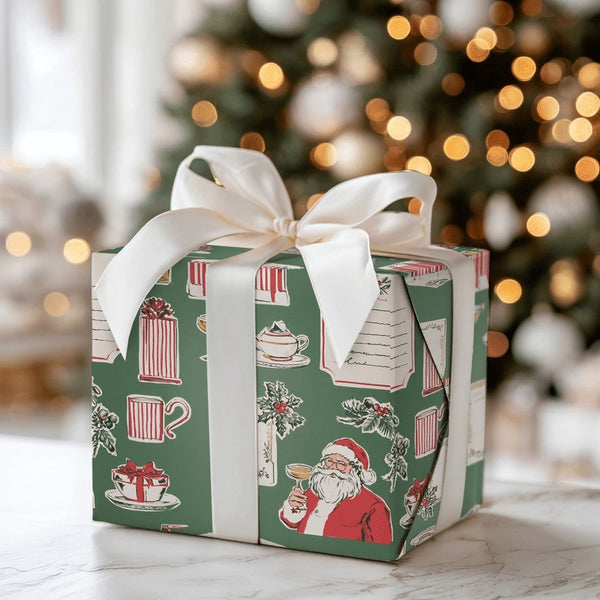 Retro Santa Toasting Wrapping Paper, Vintage Santa Cocktail Wrapping Paper, Holiday Cocktail Gift Wrap, Festive Christmas Wra