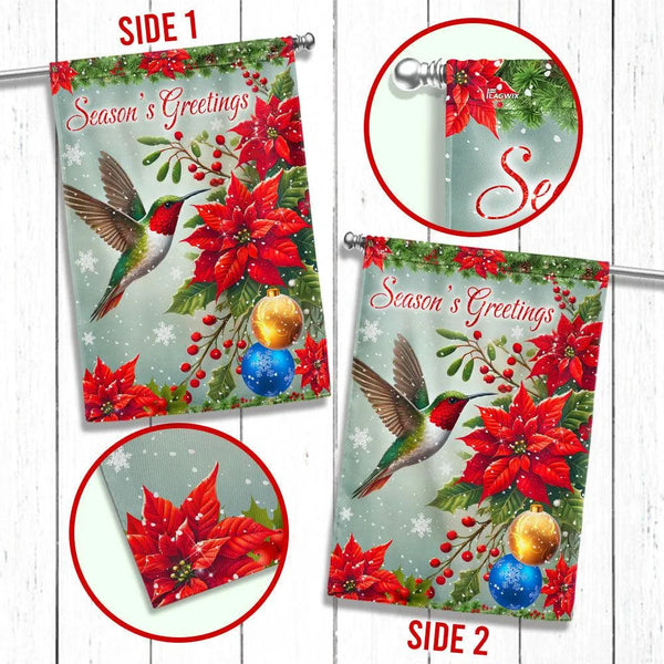 Season's Greetings Poinsettia Yard Flag, Hummingbird Christmas Garden Flag, Double-Sided Floral Lawn Banner, Holiday Outdoor 