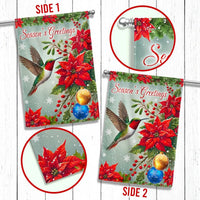 Seasons Greetings Poinsettia Yard Flag, Hummingbird Christmas Garden Flag, Double-Sided Holiday Bird Outdoor Banner, Winter Lawn Flag