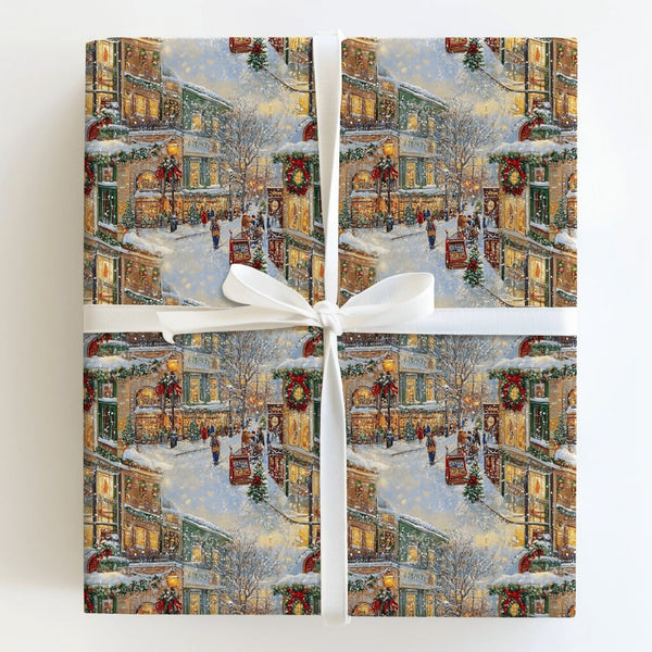 Snowy Street Scene Gift Wrap, Nostalgic Christmas Village Wrapping Paper, Vintage Holiday Village Wrapping Paper, Winter Town