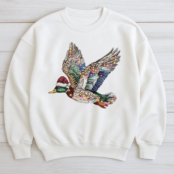Santa Hat Duck Graphic Sweatshirt, Mallard Duck Christmas Sweatshirt, Rhinestone Duck Holiday Sweater, Festive Xmas Pullover 