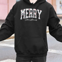 Festive Pattern Varsity Lettering Hoodie, Merry Christmas Hoodie, Retro Holiday Sweatshirt, Comfy Christmas Pullover, Xmas Present for Women Men