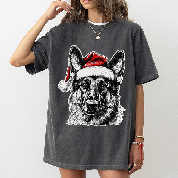 Santa Hat Dog T-Shirt, German Shepherd Christmas Shirt, Adorable Holiday Puppy Graphic Tee, Festive Dog Lover Shirt, Winter P